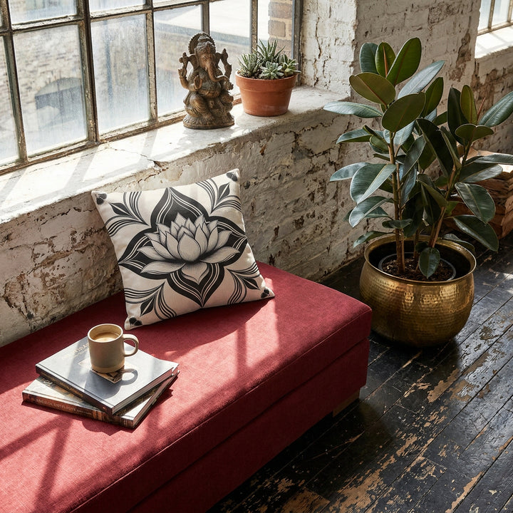 Photographie d’intérieur décoration de loft boho chic, vue en plongée en gros plan sur une banquette en tissu lin rouge carmin orné d'un coussin mzelle design motif lotus, adossé au mur sous une fenêtre industrielle, à côté d'une tasse de café en céramique émail mat posée sur une pile de livres d'art, ficus dans un pot en laiton sur le sol, mur blanchi en vieilles pierres.