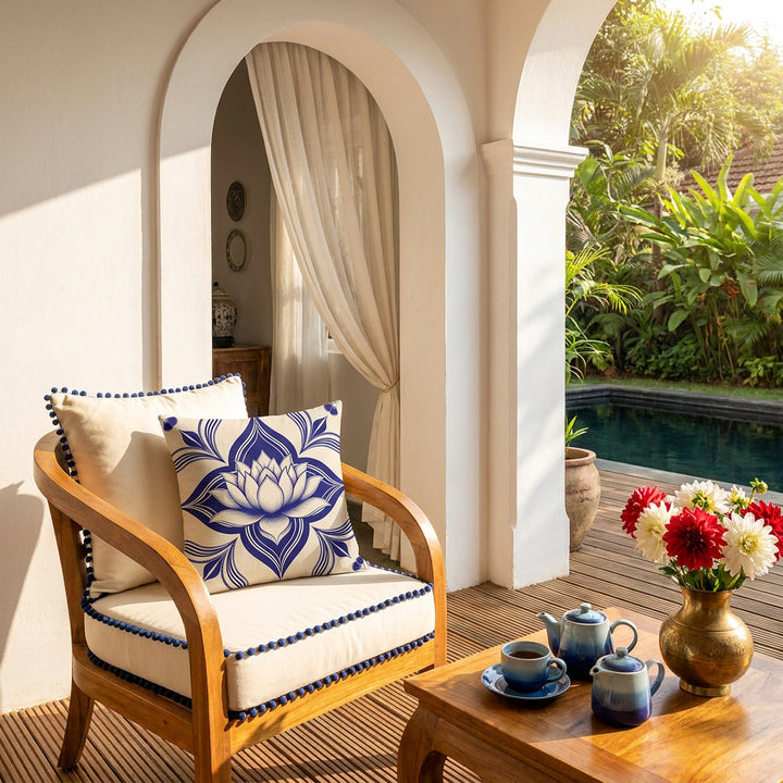 scène baignée de soleil , gros plan de face sur un fauteuil moderne en bois de manguier orné d'un large coussin mzelle design motif lotus, dalles de caillebotis en bois au sol, table basse assortie avec un service à thé en grès bleu dégradé, en arrière plan jardin tropical et piscine foncée.