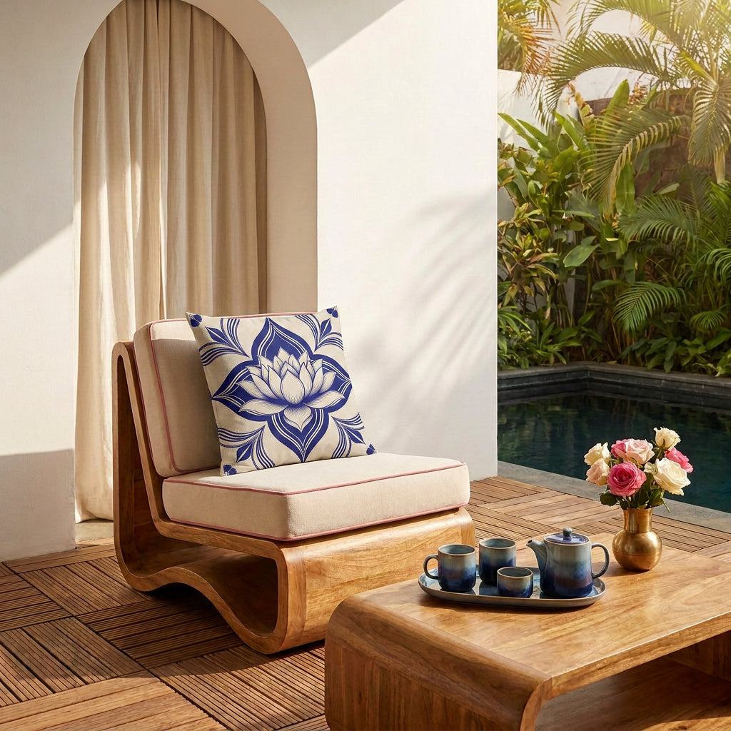 scène baignée de soleil , gros plan de face sur un fauteuil moderne en bois de manguier en forme de vague, assises écrues finitions galons rose, orné d'un large coussin mzelle design motif lotus bleu, dalles de caillebotis en bois au sol, table basse assortie avec un service à thé en grès bleu dégradé et un petit bouquet de roses rose et blanche dans un vase en laiton, en arrière plan jardin tropical et piscine foncée.