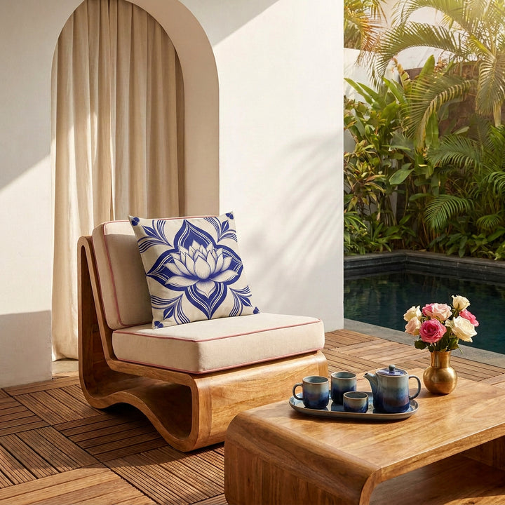 scène baignée de soleil , gros plan de face sur un fauteuil moderne en bois de manguier en forme de vague, assises écrues finitions galons rose, orné d'un large coussin mzelle design motif lotus bleu, dalles de caillebotis en bois au sol, table basse assortie avec un service à thé en grès bleu dégradé et un petit bouquet de roses rose et blanche dans un vase en laiton, en arrière plan jardin tropical et piscine foncée.