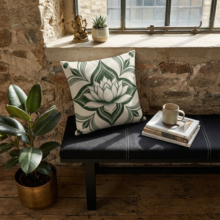 Photographie d’intérieur décoration de loft boho chic, vgros plan sur une banquette en bois noir, assise lin noir surpiqué de fil blanc, orné d'un grand coussin mzelle design motif lotus, adossé au mur sous une fenêtre industrielle, à côté d'une tasse de café en céramique émail mat posée sur une pile de livres d'art, ficus dans un pot en laiton sur le sol, mur brut en vieilles pierres.