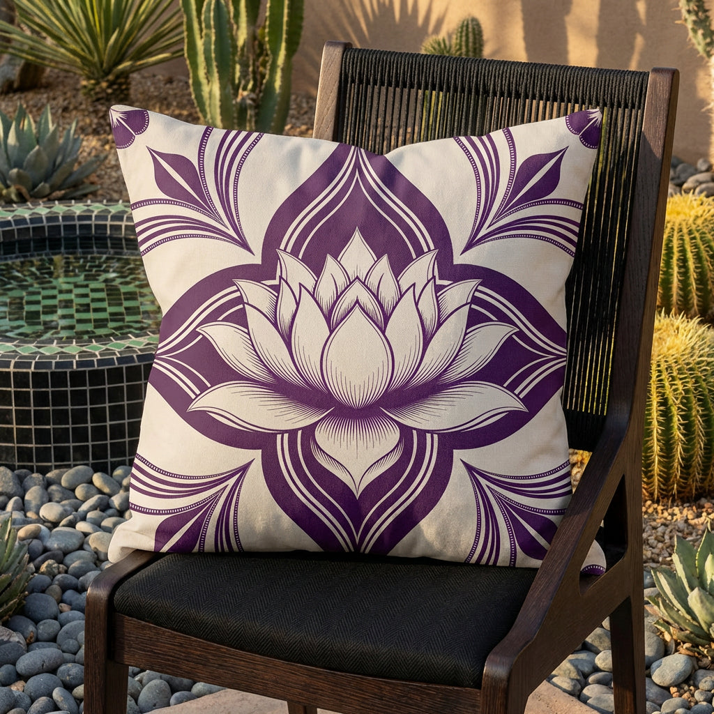 Photographie professionnelle d'un fauteuil en bois de wengé , sans accoudoirs, dossier en cordage noir, assise en twill noir, découpe triangulaire sur les côtés, orné d'un large coussin motif lotus mzelle design, disposé dans décor de jardin aride avec un bassin d'eau douce en mosaiques noir et vert, sol galet gris.