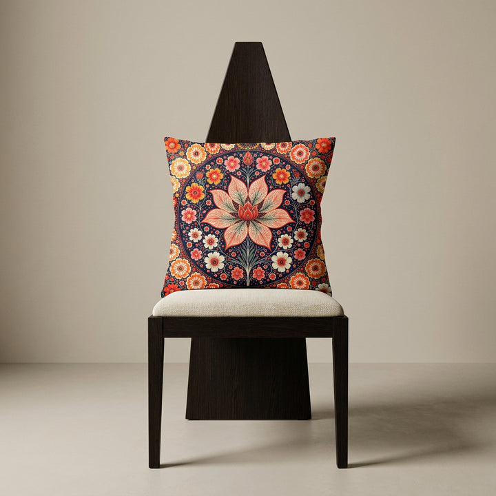 Photographie professionnelle extrêmement détaillée et de haute qualité d'un grand coussin mzelle design, disposé sur une chaise en bois de wengé vue de face, sans accoudoirs, dossier haut triangulaire, assise en lin écru, disposé dans décor écru neutre.