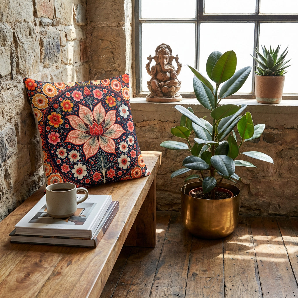 Photographie d’intérieur décoration de loft boho chic, vue en plongée en gros plan sur une banquette en bois de manguier orné d'un coussin mzelle design motif mandala fleur de lotus, adossé au mur sous une fenêtre industrielle, à côté d'une tasse de café en céramique émail mat posée sur une pile de livres d'art, ficus dans un pot en laiton sur le sol, mur brut en vieilles pierres, plante grasse et Ganesh.