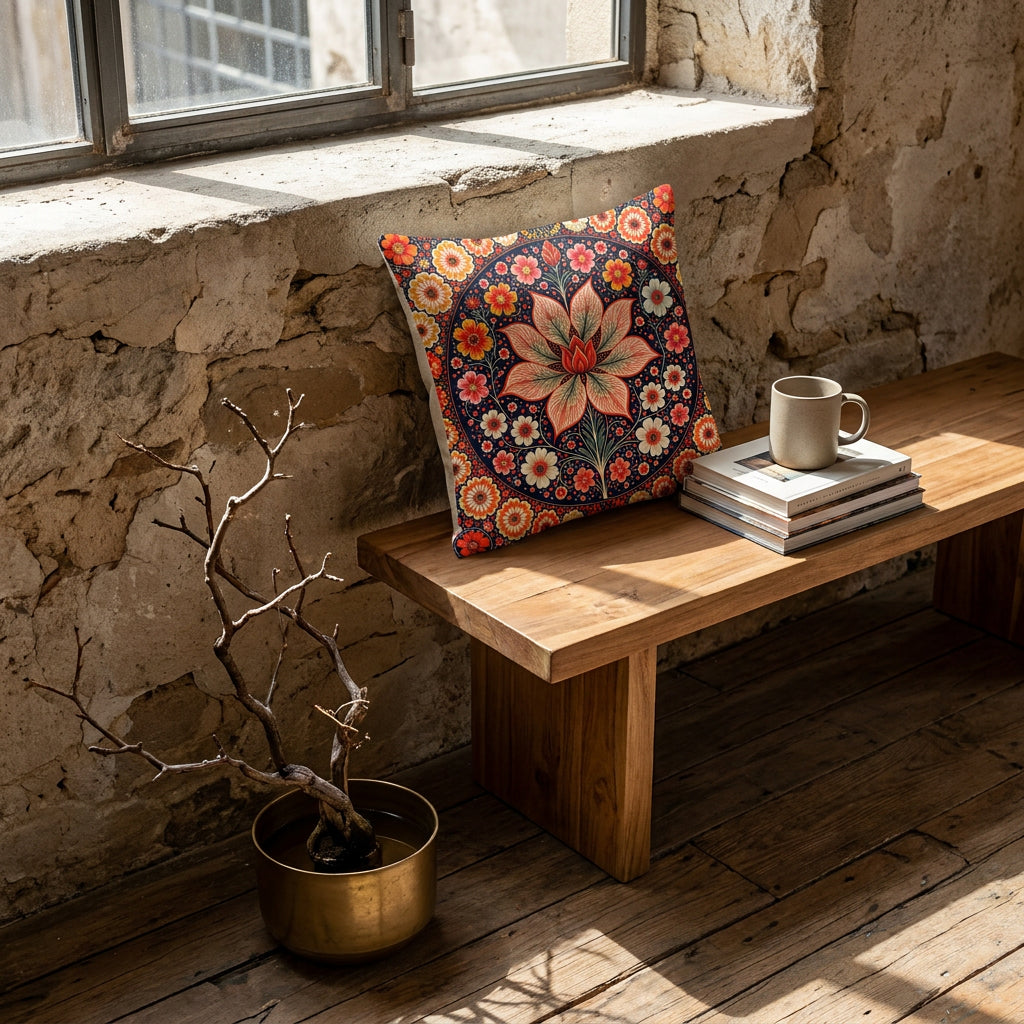 Photographie d’intérieur décoration de loft boho chic, vue en plongée en gros plan sur une banquette en bois de manguier orné d'un coussin mzelle design motif mandala fleur de lotus, adossé au mur sous une fenêtre industrielle, à côté d'une tasse de café en céramique émail mat posée sur une pile de livres d'art, ficus dans un pot en laiton sur le sol, mur brut en vieilles pierres, plante grasse et Ganesh.