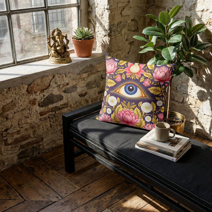 Photographie d’intérieur décoration de loft boho chic, vue en plongée en gros plan sur une banquette en bois noir, assise lin noir surpiqué de fil blanc, orné d'un grand coussin mzelle design motif oeil de shiva, fenêtre industrielle, à côté d'une tasse de café en céramique émail mat posée sur une pile de livres d'art, ficus dans un pot en laiton sur le sol, mur brut en vieilles pierres.