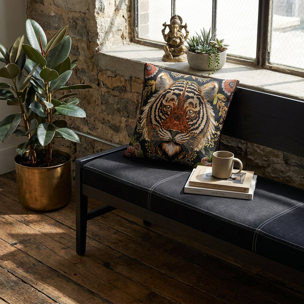 Photographie d’intérieur décoration de loft boho chic,  gros plan sur une banquette en bois noir orné d'un grand coussin mzelle design motif tigre indien,  adossé au mur sous une fenêtre industrielle, à côté d'une tasse de café en céramique émail mat posée sur une pile de livres d'art, ficus dans un pot en laiton sur le sol, mur brut en vieilles pierres.