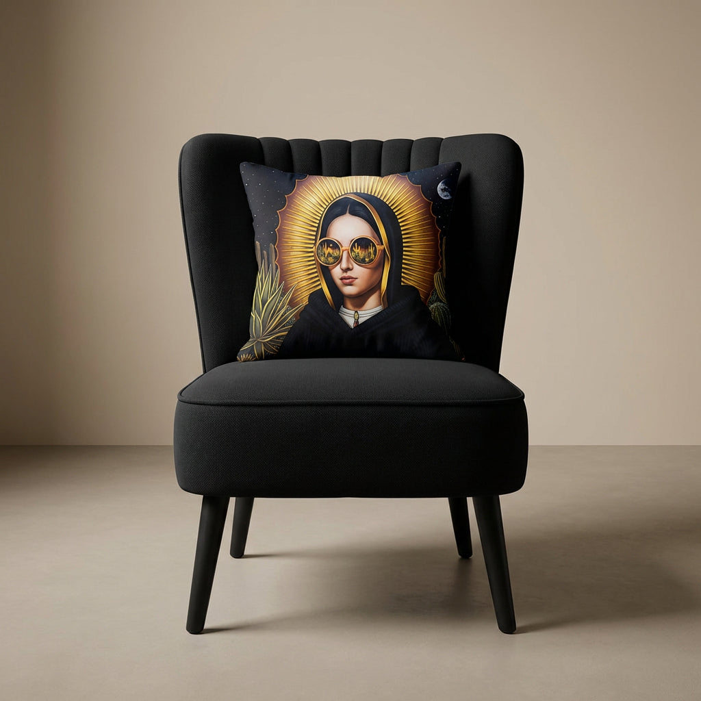 photographie professionnelle de mobilier de décoration, un fauteuil épuré de style crapaud noir capitonné avec un coussin mzelle design motif vierge marie posé dessus, placé dans un décor neutre.