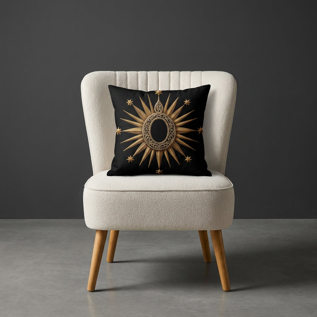 photographie professionnelle de mobilier de décoration, un fauteuil épuré de style crapaud écru capitonné avec un coussin mzelle design motif médaillon sacré posé dessus, placé dans un décor neutre.