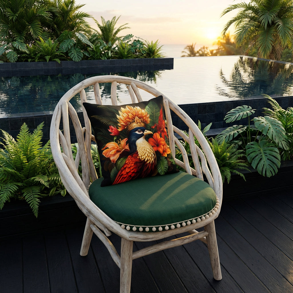 Photographie professionnelle décoration tropicale, grand coussin mzelle design motif oiseau  disposé sur une chaise en bois flotté, assise vert bouteille finitions avec des finitions petits pompons écru tout autour, placé sur une terrasse devant une piscine et un jardin luxuriant.