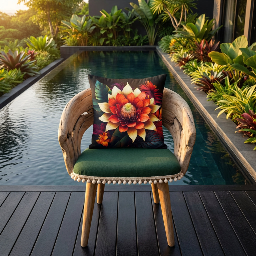 Photographie professionnelle décoration tropicale, grand coussin mzelle design motif fleurs disposé sur une chaise en bois flotté, assise vert bouteille finitions avec des finitions petits pompons écru tout autour, placé sur une terrasse devant une piscine et un jardin luxuriant.