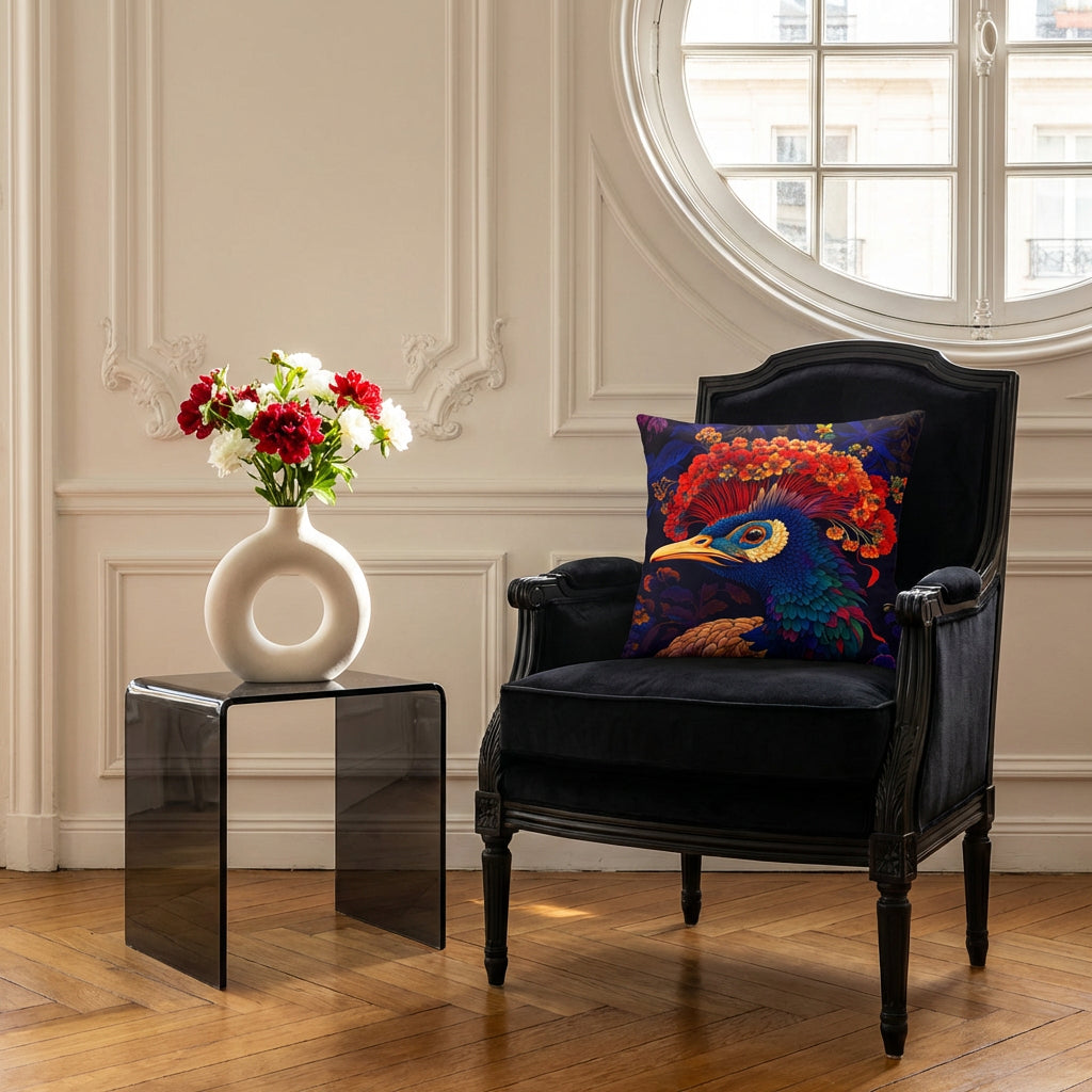Photographie décoration intérieure  Haussmannien modernisé, vue d'un fauteuil en velours noir de style Louis XVI orné d'un large coussin mzelle design motif oiseau, mur clair, moulures, fleurs rouges et blanches dans un vase moderne posé sur un guéridon en plexiglas noir, lumière chaude par fenêtre arrondie. 