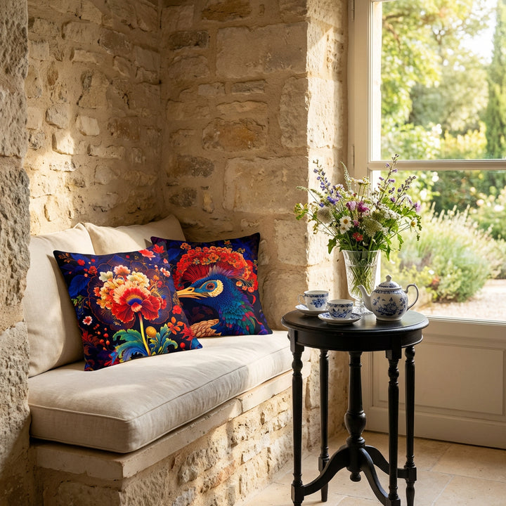 Photographie professionnelle décoration bastide provençale  montrant deux coussins motif oiseau mzelle design sur banquette en encastrée dans le mur formant une alcôve. Table basse peint vert et écru motif baroques, service à thé en porcelaine, bouquet de fleurs des champs.
