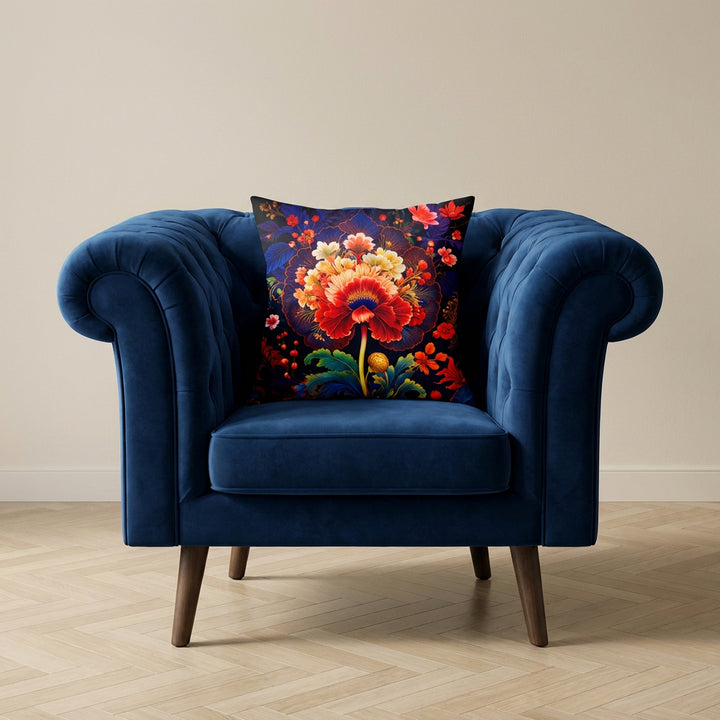 photographie professionnelle, vue de face sur un fauteuil épuré style crapaud bleu nuit velours mat capitonné avec un large coussin mzelle design motif oiseau baroque, posé au centre, placé dans un décor neutre, sol en parquet clair.