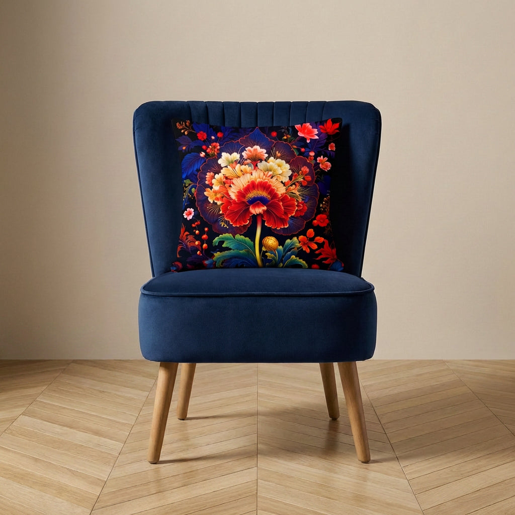photographie professionnelle, vue de face sur un fauteuil épuré style crapaud bleu nuit velours mat capitonné avec un large coussin mzelle design motif oiseau baroque, posé au centre, placé dans un décor neutre, sol en parquet clair.