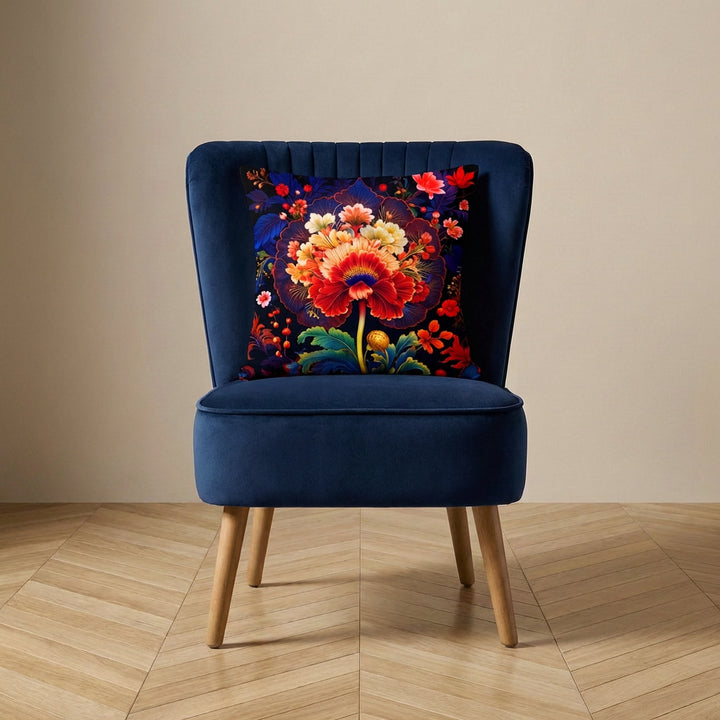 photographie professionnelle, vue de face sur un fauteuil épuré style crapaud bleu nuit velours mat capitonné avec un large coussin mzelle design motif oiseau baroque, posé au centre, placé dans un décor neutre, sol en parquet clair.