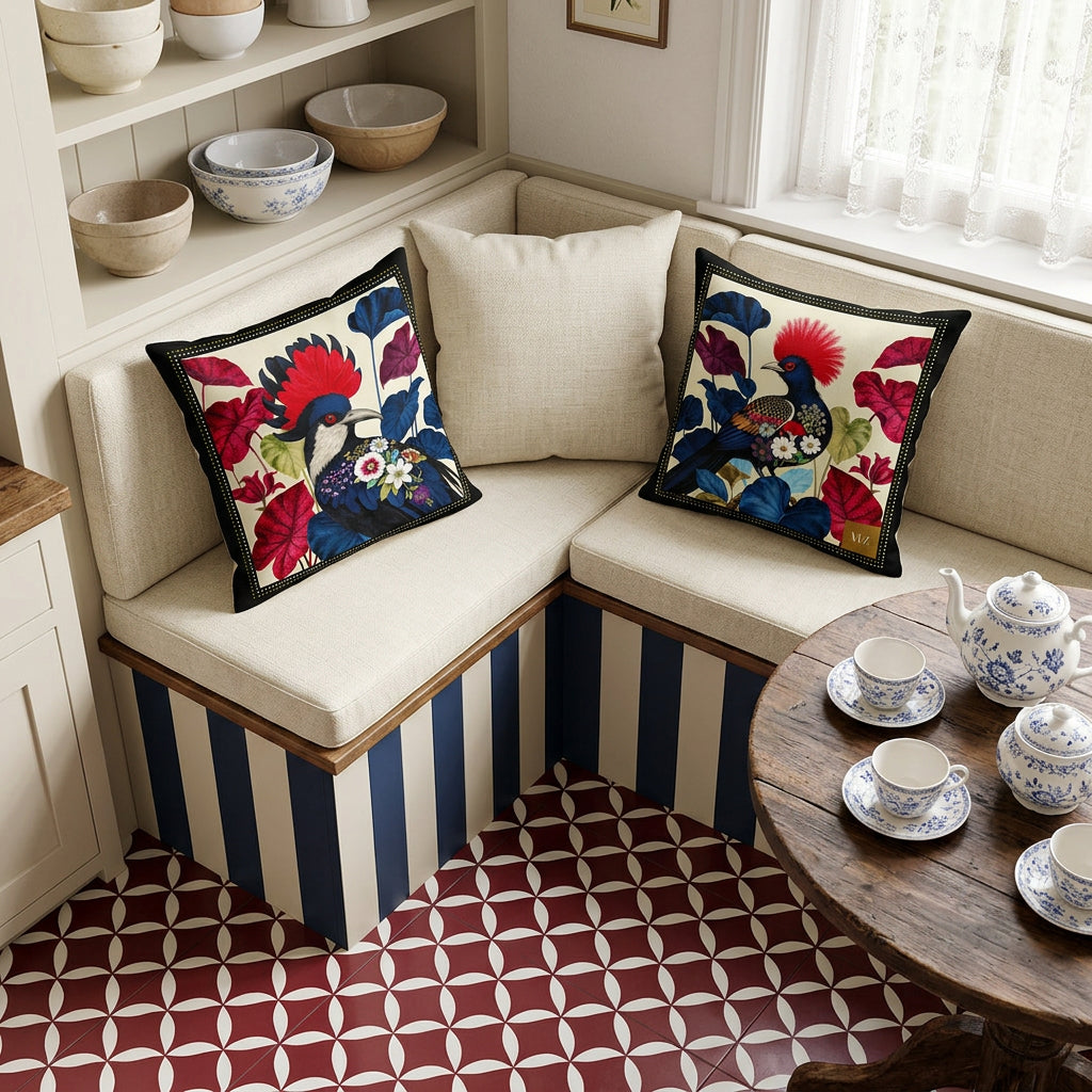 Photo professionnelle de décoration, maison d'hôte anglaise, vue en plongée d'une cuisine avec un angle aménagé avec une banquette-coffre moderne en bois peint rayures bleu nuit et ecru, et 2 coussins décoratifs mzelle design motifs d'oiseaux, un coussin uni écru au milieu , sol carrelage géométrique rouge et blanc, table ronde en bois rustique, garnie d'un service à thé. 