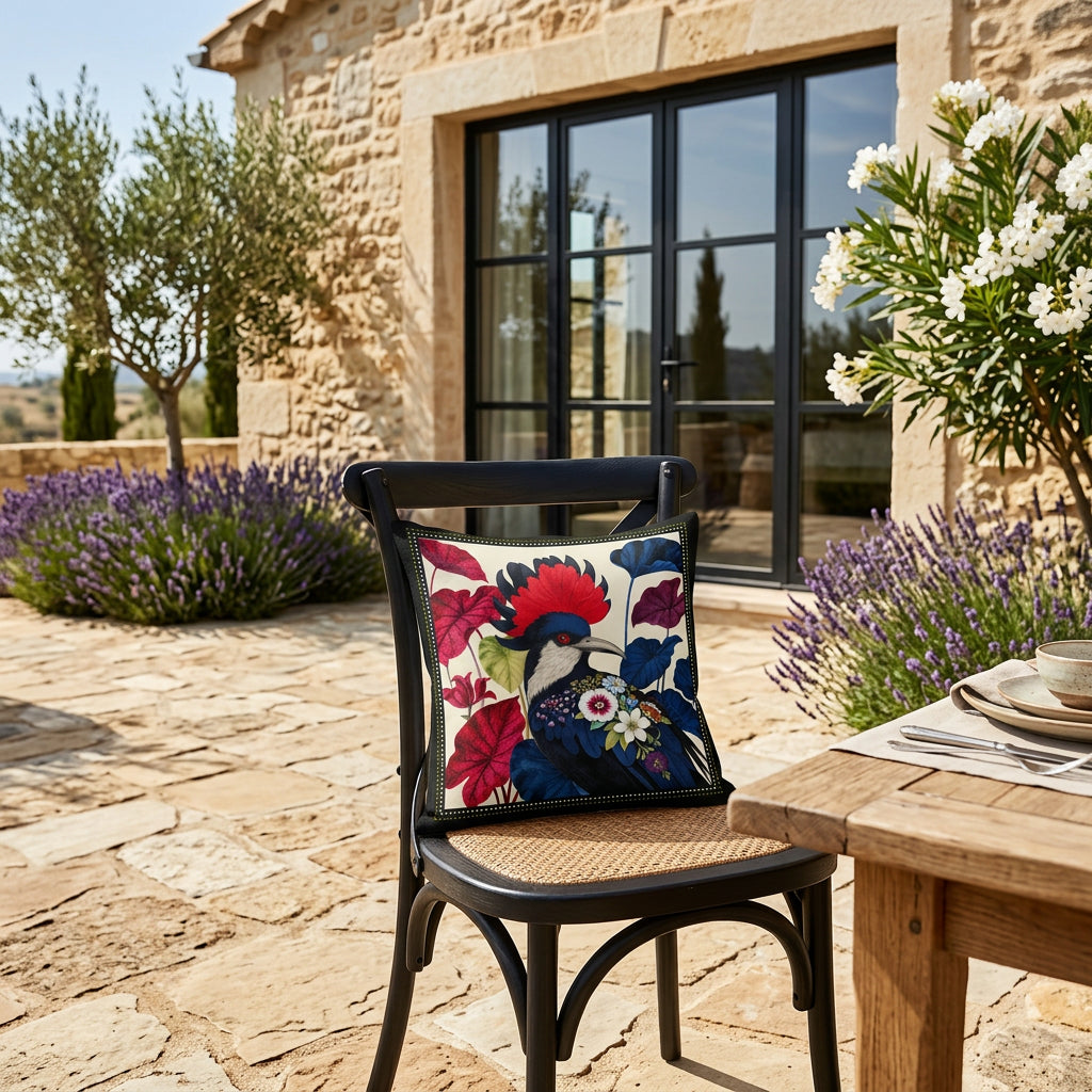 photographie professionnelle de décoration, scène de déjeuner extérieur sur la terrasse en pierre naturelle : en point central une vue de face d'une chaises en bois noir sans accoudoirs, ornée d'un beau coussin mzelle design motif oiseau. En arrière plan on voit un pan de la maison et sa grande baie vitrée , murs en pierres sable, entouré de lavande, un olivier, laurier blanc. Belle lumière estivale du midi.