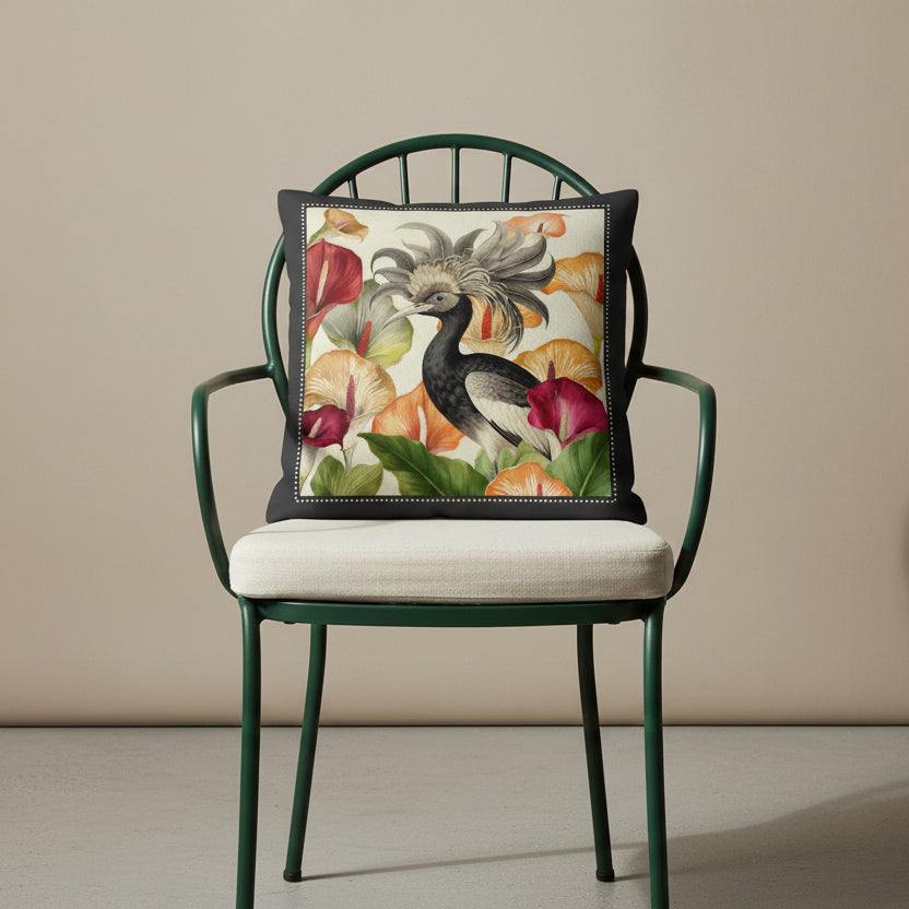 Photographie professionnelle qualité studio, extrêmement détaillée et de haute qualité d'un coussin mzelle design motif oiseau original, disposé sur une chaise en fer forgé, assise en lin écru, disposée dans un décor neutre beige.