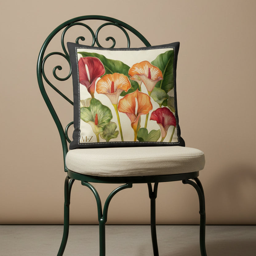 Photographie professionnelle qualité studio, extrêmement détaillée et de haute qualité d'un coussin mzelle design motif fleurs arums, disposé sur une chaise en fer forgé, assise en lin écru, disposée dans un décor neutre beige.