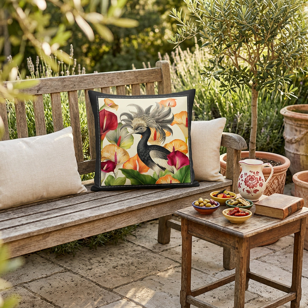Photo professionnelle de décoration maison d'hôte provençale, gros plan de face sur un banc en chêne rustique orné d'un coussin mzelle design motif oiseau et arums,  petits coussins rectangles écrus, sol en pierres , table basse rustique assortie, garni de tapas et pichet vintage en émail rouge, livre, aperçu du jardin. 
