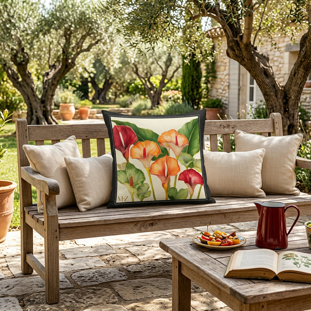 Photo professionnelle de décoration maison d'hôte provençale, gros plan de face sur un banc en chêne rustique orné d'un coussin mzelle design motif oiseau et arums,  petits coussins rectangles écrus, sol en pierres , table basse rustique assortie, garni de tapas et pichet vintage en émail rouge, livre, aperçu du jardin. 