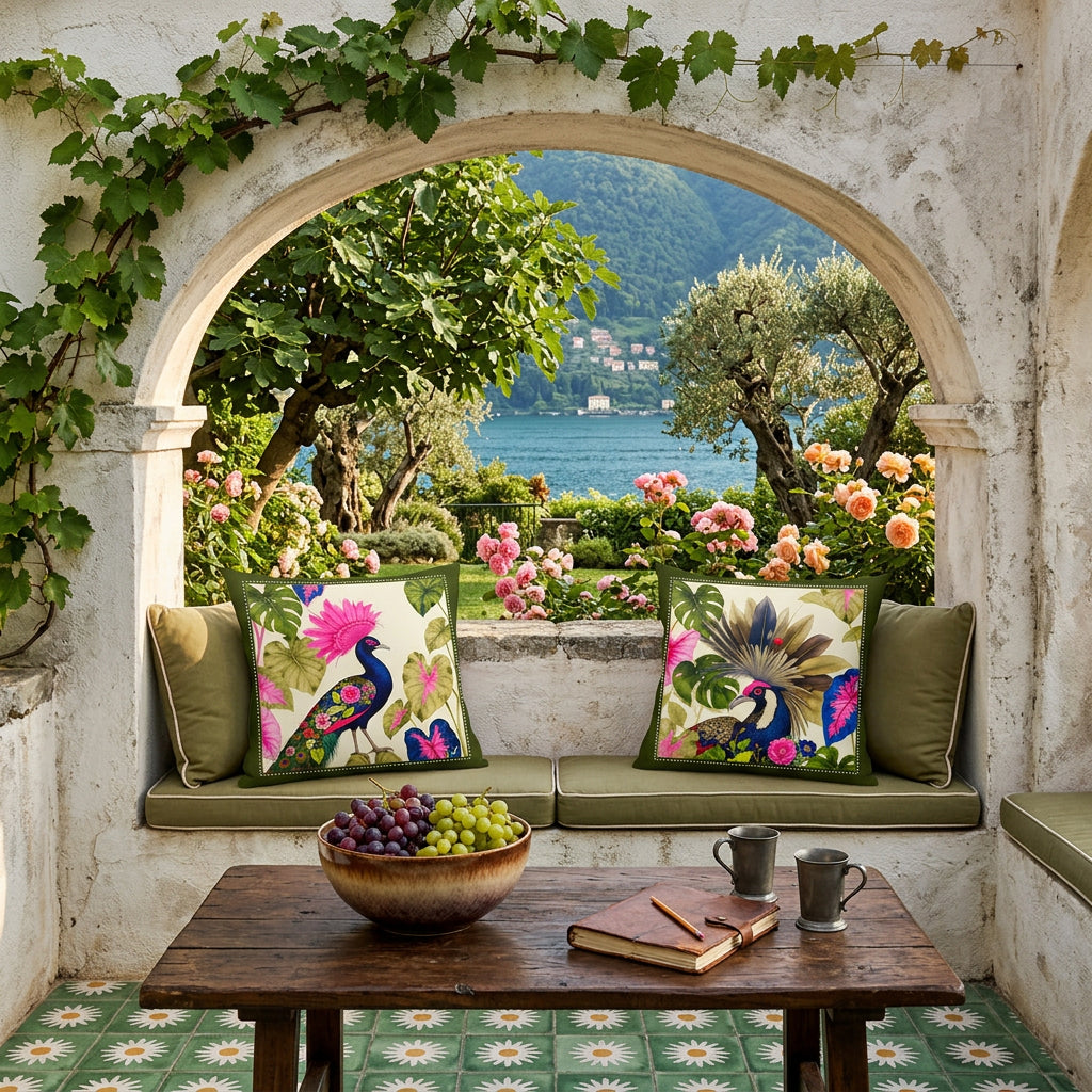 Photo professionnelle de décoration de terrasse villa italienne, banquette taillée dans la pierre blanchie et intégrée au mur taillé en arche, vigne grimpante, , assises vert olive, ornée de 2 coussins mzelle design motifs oiseaux coloris vifs, carrelage original au sol et table basse en bois brun rustique garnie d'une coupe en grès avec des raisins.