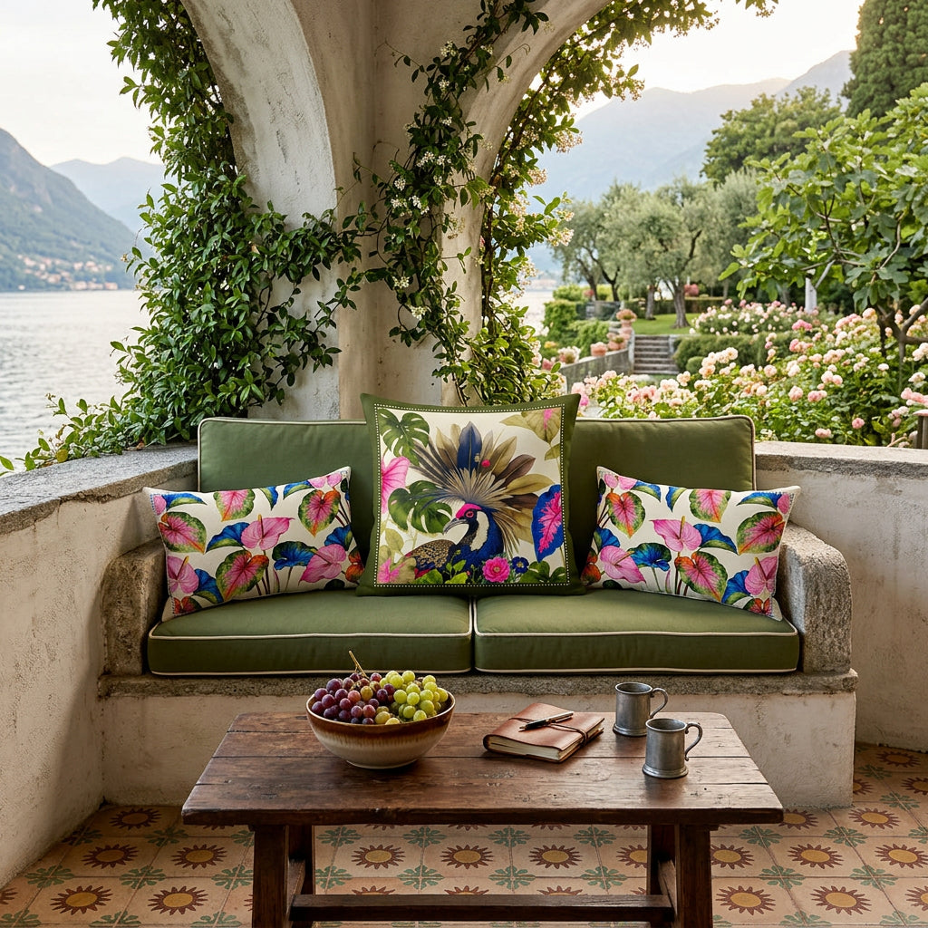 Photo professionnelle de décoration de terrasse villa italienne, banquette taillée dans la pierre blanchie et intégrée au mur taillé en arche, vigne grimpante, , assises vert olive, ornée de 2 coussins rectangle et un coussin carré mzelle design motifs oiseaux coloris vifs, carrelage original au sol et table basse en bois brun rustique garnie d'une coupe en grès avec des raisins.