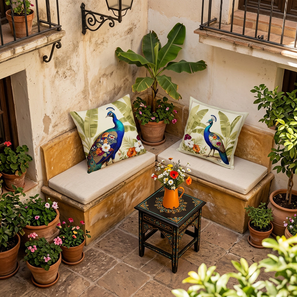 Photo professionnelle de décoration, maison de style espagnol., vue en plongée d'un patio ensoleillé, avec un angle aménagé d'une banquette-coffre taillée dans la pierre polie ocre, assises écrues en lin, ornée de 2 coussins décoratifs mzelle design motif paon bleu, table d'andalousie garnie d'un petit bouquet de fleurs sauvages dans pichet vintage en émail.
