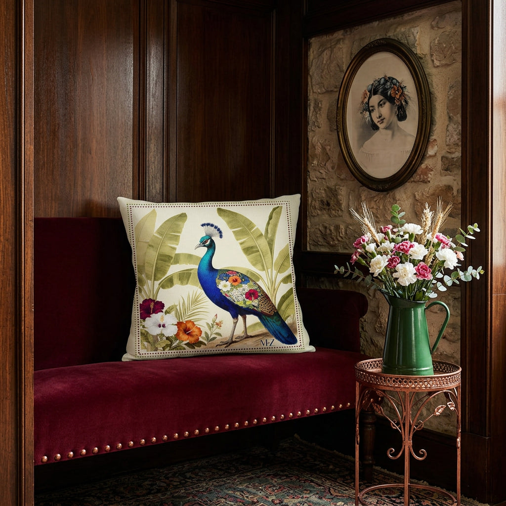photographie professionnelle, décoration d'un boudoir italien, large coussin carré mzelle design motif paon bleu, posé sur une banquette régence en velours mat rouge grenat, finitions rivets cuivrés, placée dans une alcôve en bois clair verni. Mur en pierre, portrait lithographie de femme créole, sur un guéridon en fer forgé cuivré un bouquet d'oeillets blancs et rose dans un broc en émail vert foncé.