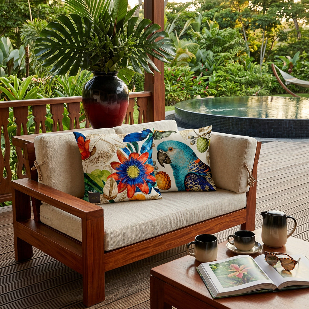 Photographie professionnelle  d'une terrasse d'hôtel et gros plan sur un canapé moderne en bois d'acajou verni, orné de 2 coussins mzelle design motif tropicaux perroquet et fleurs,  exposé sur la véranda , vue sur jardin luxuriant, et piscine ronde à bassin foncé.