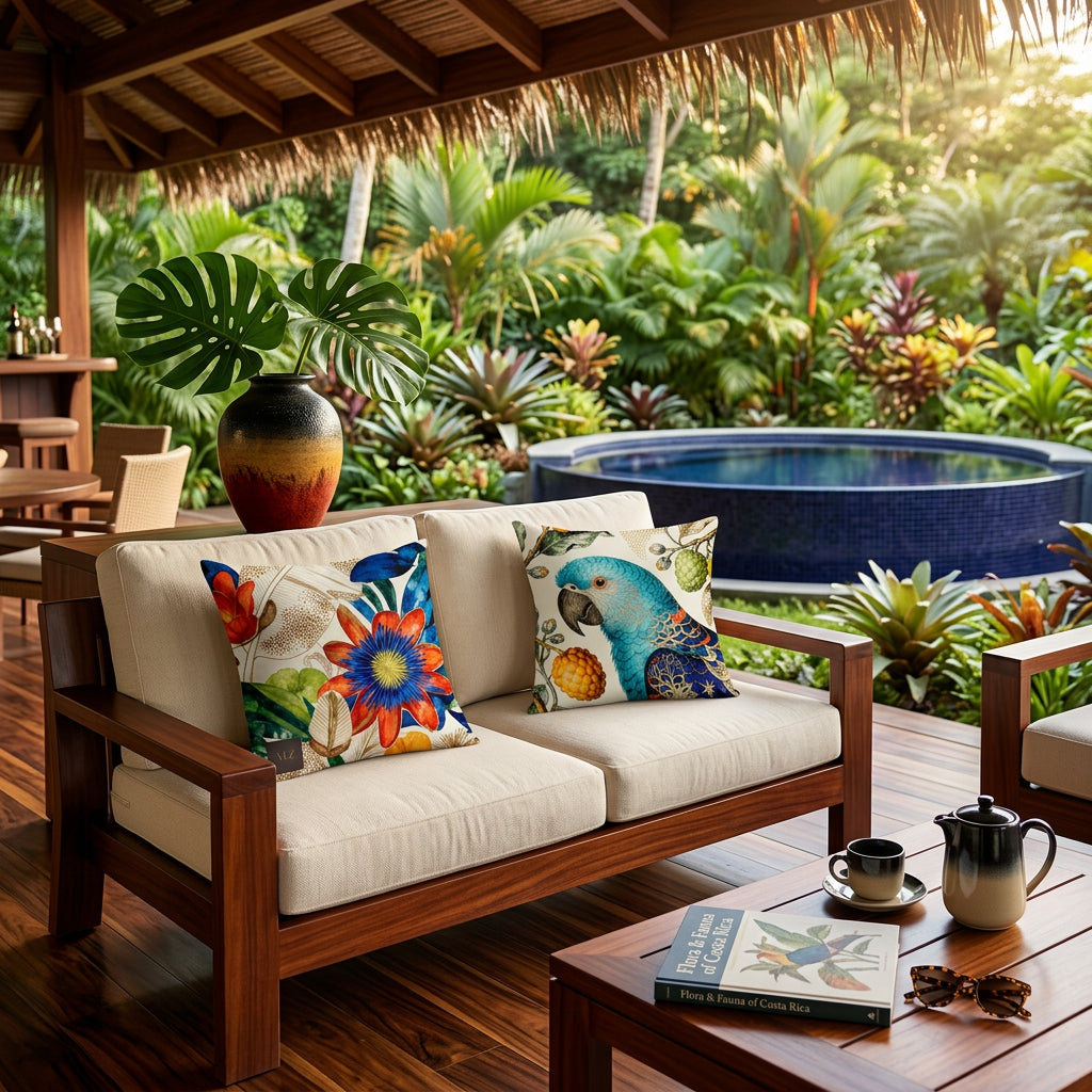 Photographie professionnelle  d'une terrasse d'hôtel et gros plan sur un canapé moderne en bois d'acajou verni, orné de 2 coussins mzelle design motif tropicaux perroquet et fleurs,  exposé sur la véranda , vue sur jardin luxuriant, et piscine ronde à bassin foncé.