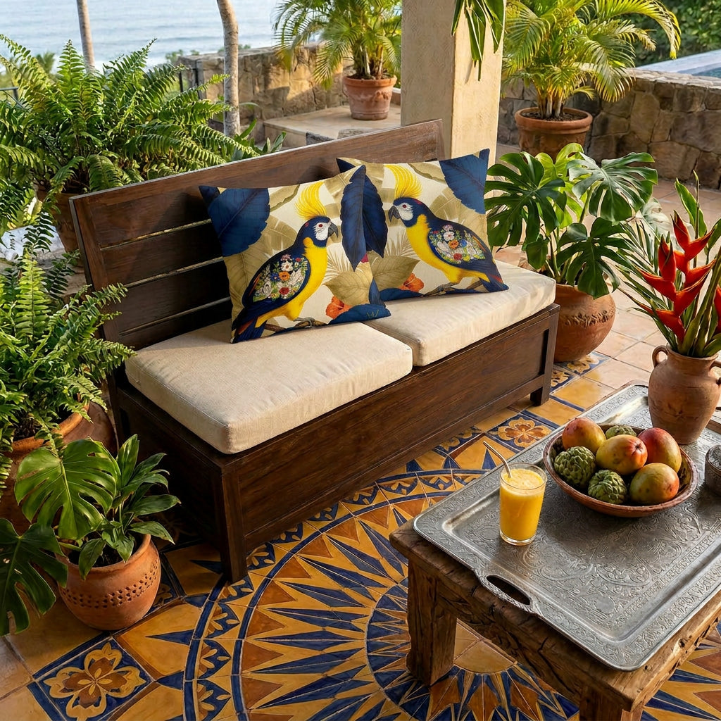 Photo professionnelle lifestyle, décoration estivale, villa au costa-rica, vue en plongée sur une banquette-coffre en bois de wengé verni et assises écrues en lin, ornée de deux coussins mzelle design motif perroquets, sol en carrelage bleu indigo, écru et brun formant un soleil, table en wengé  garnie d'un plateau en étain avec une coupe de fruits tropicaux (mangues et attiers) et un verre de jus de fruit.