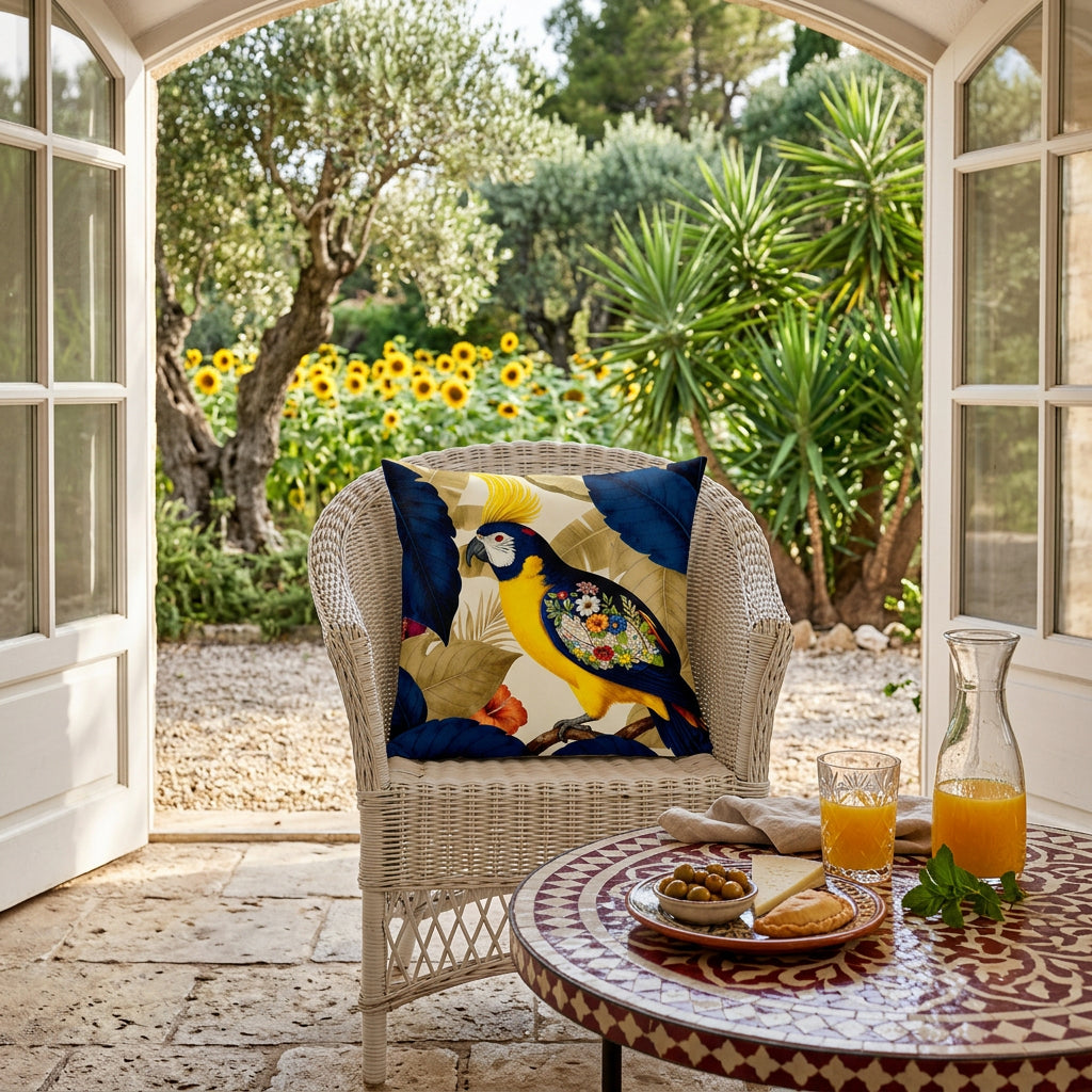 Photo professionnelle lifestyle,  décoration terrasse d'une villa baignée de soleil , ambiance french riviera, fauteuil en osier peint en blanc, orné d'un coussin mzelle design motif perroquet; sol en pierres , table basse recouverte de mosaiques rouge et blanc, garni de tapas et verre de jus de fruit, carafe de jus de fruit, et en arrière plan ouverture donnant sur le jardin.