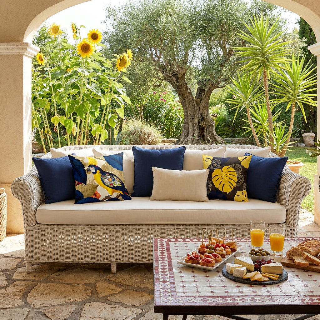 Photo professionnelle lifestyle, décoration véranda baignée de soleil , ambiance french riviera, gros plan de 3/4 sur un canapé en osier peint en blanc, orné d'un mix and match harmonieux de coussins mzelle design motifs tropicaux. Sol en pierres , table basse recouverte de mosaiques rouge et blanc, garni de tapas et 2 verres de jus de fruit, et en arrière plan ouverture donnant sur le jardin estival.