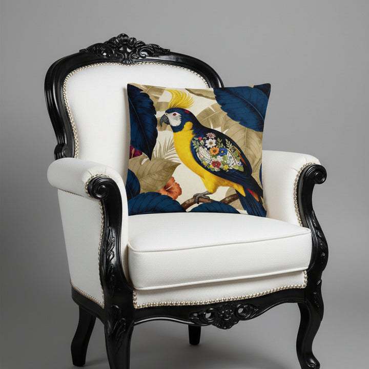 Photographie professionnelle qualité studio, d'un coussin mzelle design motif perroquet jeune et bleu, disposé sur un fauteuil baroque en twill blanc et rivets argent, dossier demi lune, sans accoudoirs, vue de 3/4, disposée dans un décor neutre.