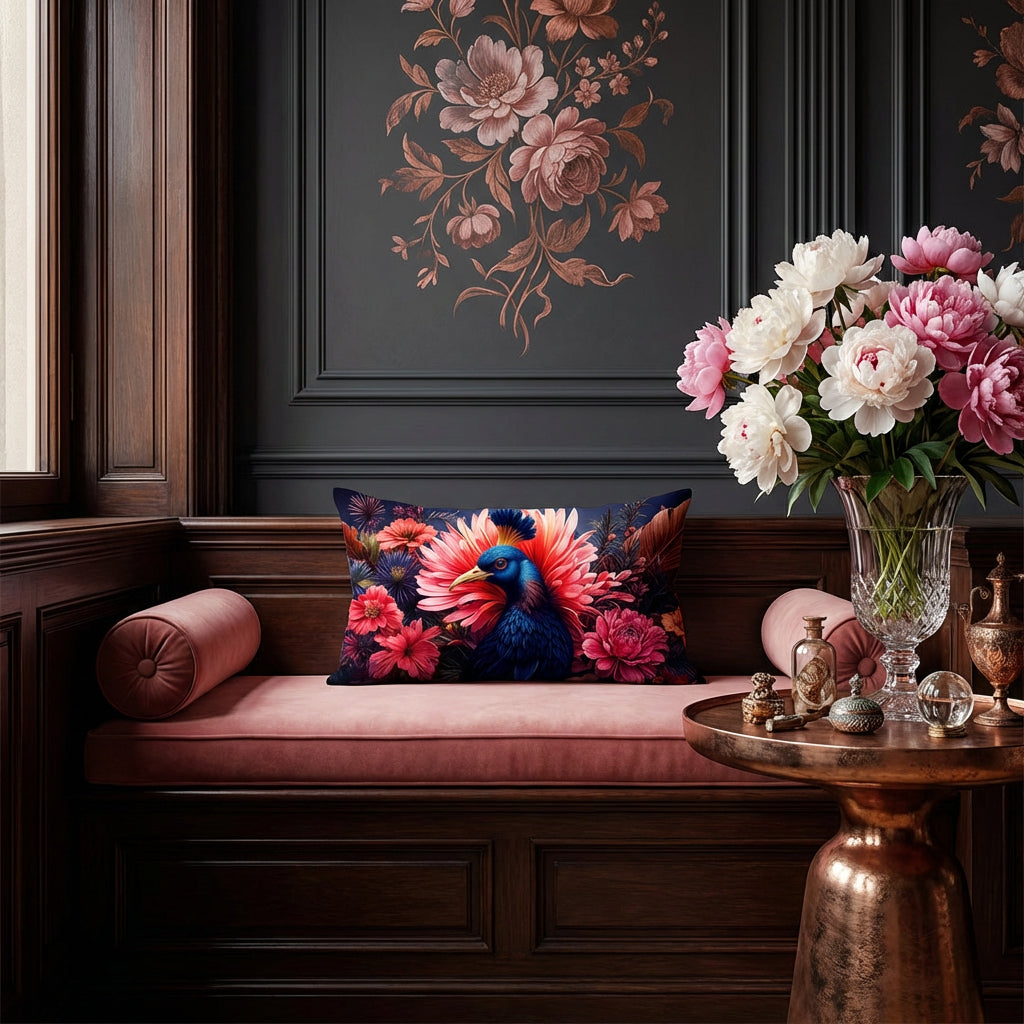 photographie décoration salon cottage anglais, vue sur un coussin rectangulaire motif oiseau mzelle design, posé sur une banquette régence en velours mat rose placée sous une fenêtre style bow-window, un guéridon en cuivre patiné avec un service à thé en porcelaine.