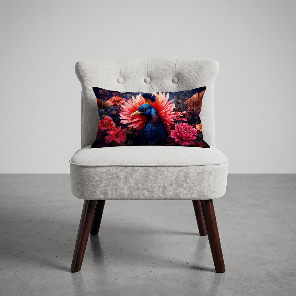 photographie professionnelle décoration de mobilier, fauteuil épuré de style crapaud écru capitonné avec un coussin mzelle design motif oiseau posé dessus, placé dans un décor neutre.