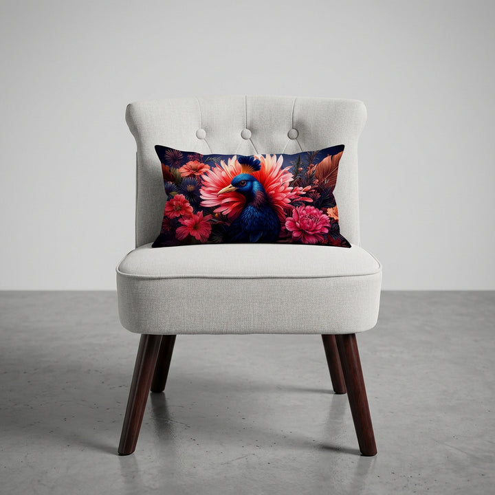 photographie professionnelle décoration de mobilier, fauteuil épuré de style crapaud écru capitonné avec un coussin mzelle design motif oiseau posé dessus, placé dans un décor neutre.