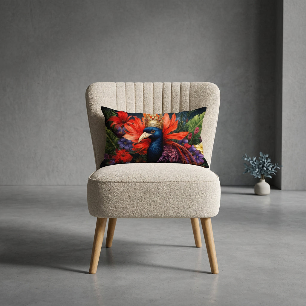 photographie professionnelle décoration moderne, vue de face sur un fauteuil épuré de style crapaud écru capitonné avec un coussin motif oiseau mzelle design,  dans un décor neutre, gris, sobre.