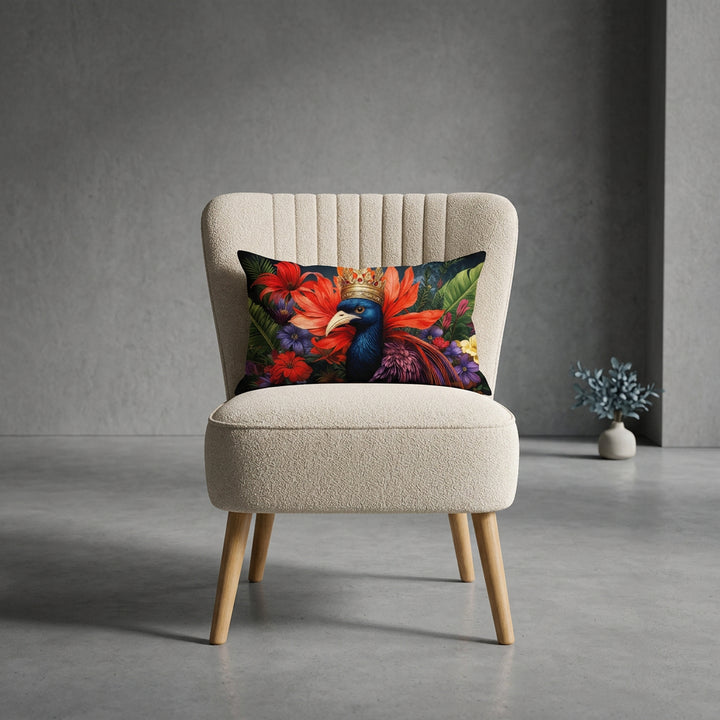 photographie professionnelle décoration moderne, vue de face sur un fauteuil épuré de style crapaud écru capitonné avec un coussin motif oiseau mzelle design,  dans un décor neutre, gris, sobre.