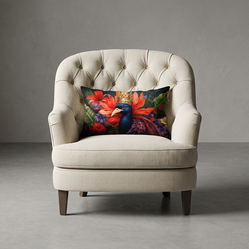 photographie professionnelle décoration moderne, vue de face sur un fauteuil épuré de style crapaud écru capitonné avec un coussin motif oiseau mzelle design,  dans un décor neutre, gris, sobre.
