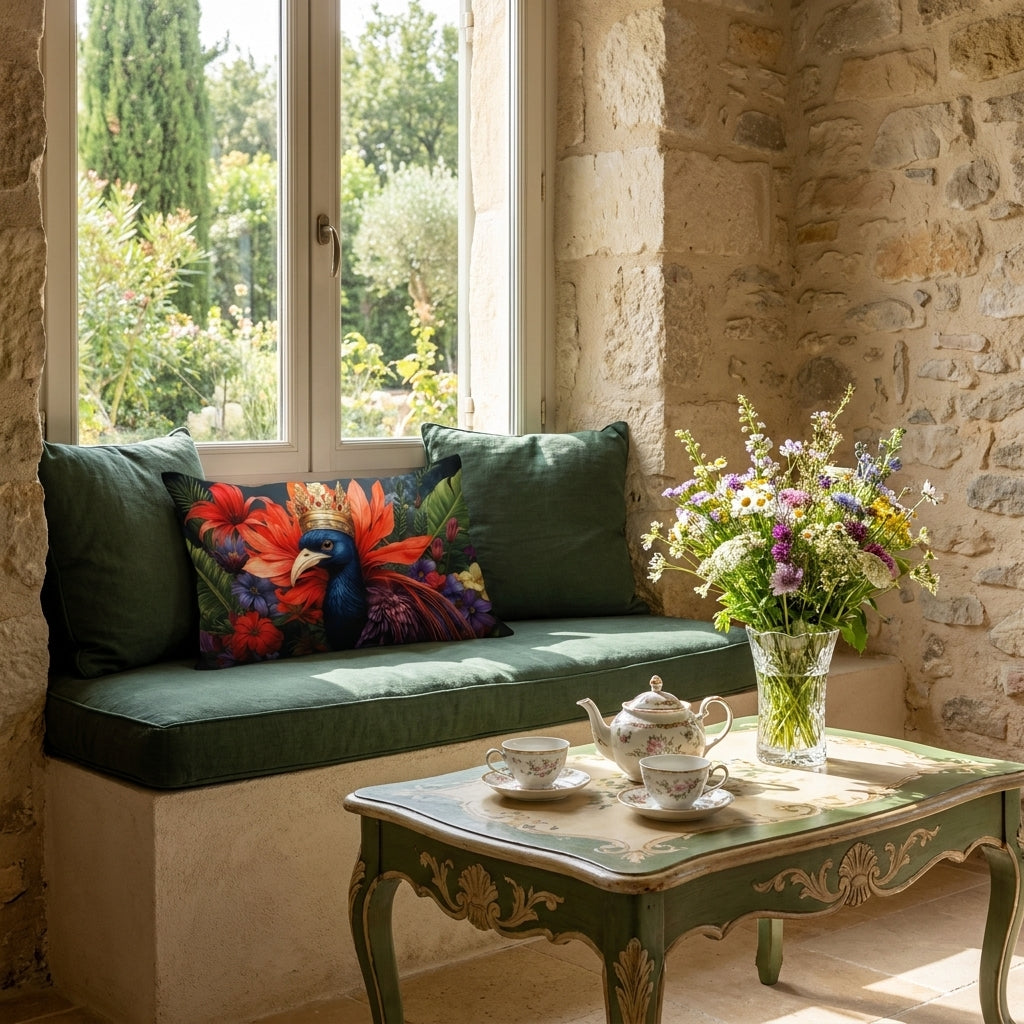 Photographie professionnelle décoration bastide provençale  montrant un coussin motif oiseau mzelle design sur banquette en encastrée dans le mur formant une alcôve. Table basse peint vert et écru motif baroques, service à thé en porcelaine, bouquet de fleurs des champs.