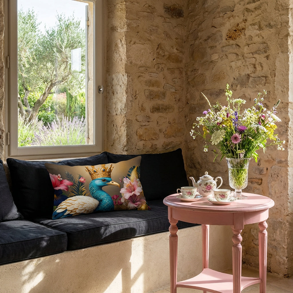 Photographie professionnelle de décoration montrant un coussin motif oiseau mzelle design sur banquette en encastrée dans le mur formant une alcôve. Assises de lin noir, guéridon en bois peint rose service à thé en porcelaine, bouquet de fleurs des champs dans un vase en cristal.