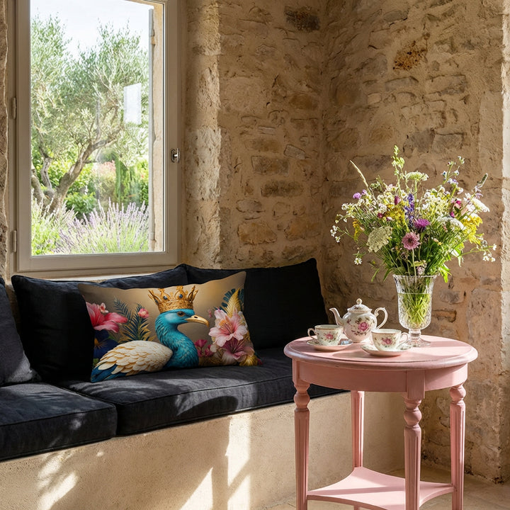 Photographie professionnelle de décoration montrant un coussin motif oiseau mzelle design sur banquette en encastrée dans le mur formant une alcôve. Assises de lin noir, guéridon en bois peint rose service à thé en porcelaine, bouquet de fleurs des champs dans un vase en cristal.
