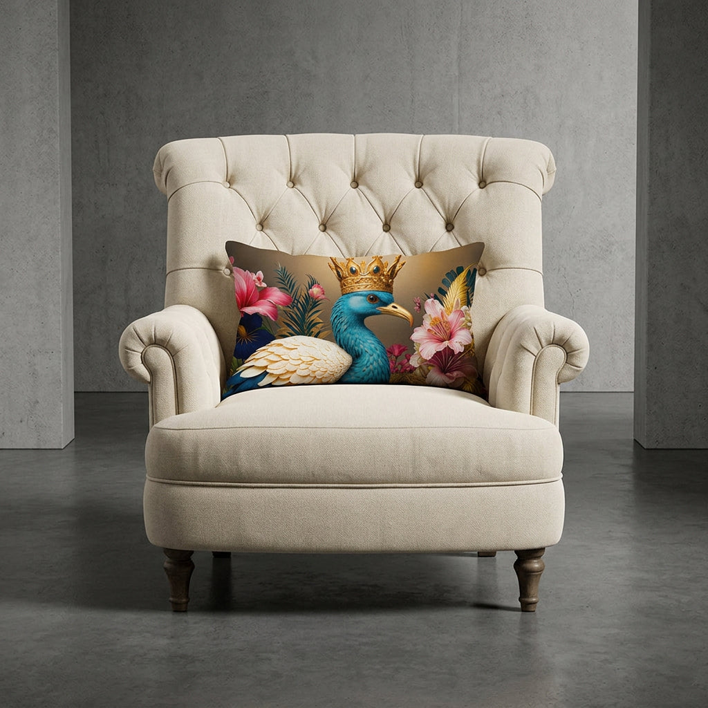 photographie professionnelle de mobilier de décoration, un fauteuil épuré de style crapaud écru capitonné avec un coussin mzelle design motif oiseau posé dessus, placé dans un décor neutre.