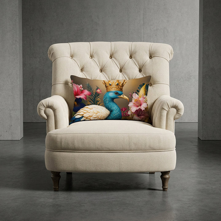 photographie professionnelle de mobilier de décoration, un fauteuil épuré de style crapaud écru capitonné avec un coussin mzelle design motif oiseau posé dessus, placé dans un décor neutre.