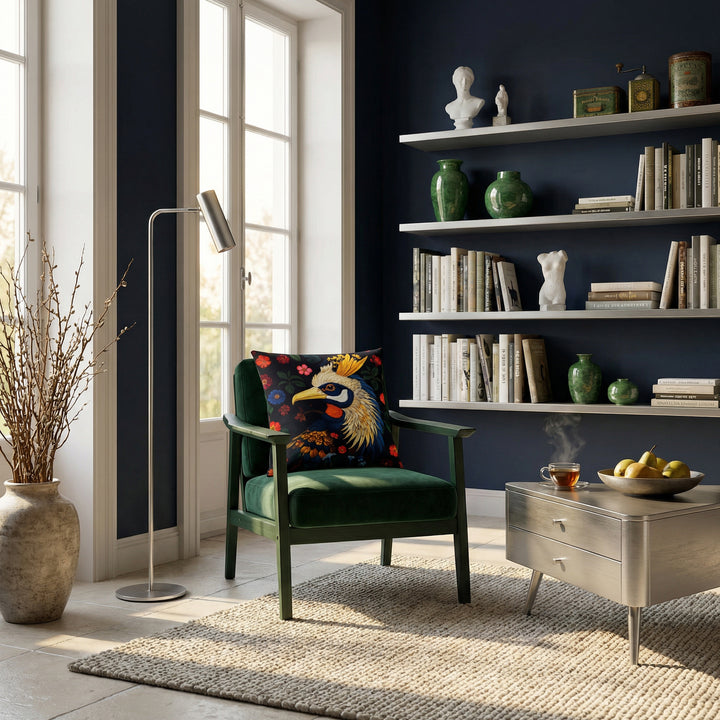 Photographie professionnelle d'un loft inspiré de l'esthétique Castlecore mélangée à un design contemporain, vue rapprochée d'une chaise en bois vert foncé avec un siège en velours orné au centre d'un coussin mzelle design, lampe moderne en métal argenté, étagères argentées sur le mur bleu nuit remplies de livres d'art.