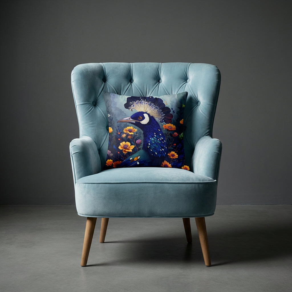 photographie professionnelle décoration de mobilier, fauteuil épuré bleu de style crapaud écru capitonné avec un coussin mzelle design motif oiseau posé dessus, placé dans un décor neutre.