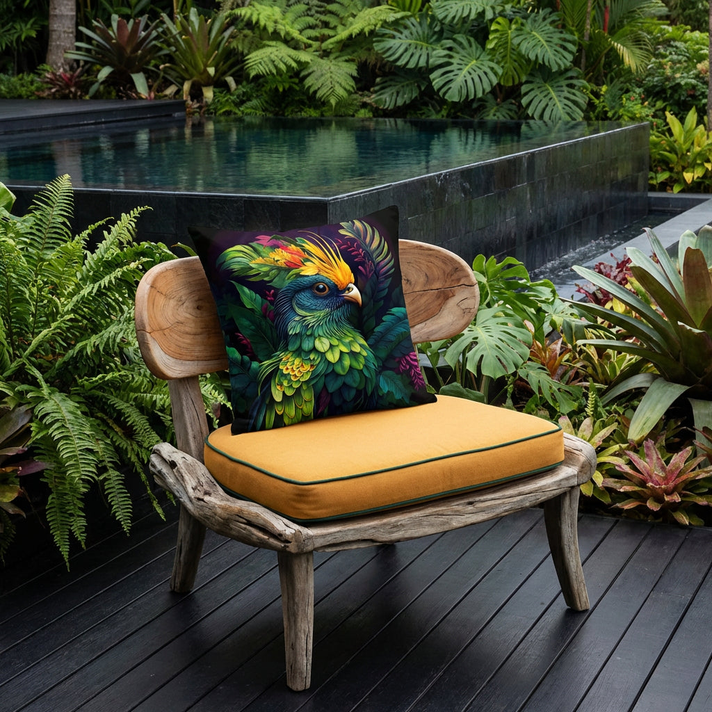 Photographie professionnelle décoration tropicale, grand coussin mzelle design disposé sur une chaise au design original et contemporain en bois flotté,  assise jaune foncé, placé sur une terrasse devant une piscine.